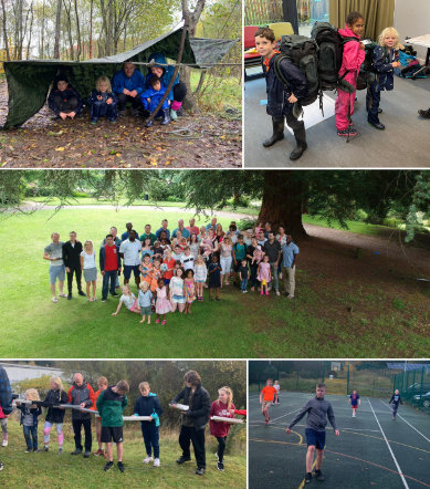 Photos of people shelter building, playing football, kids orienteering, and Pillar CC members at the annual retreat