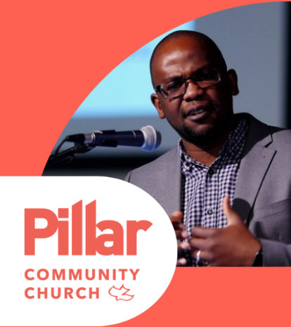 A photo of Solomon giving a sermon, Solomon is the Lead Pastor for Pillar Community Church. Red text with the words Pillar Community Church the Pillar CC Logo